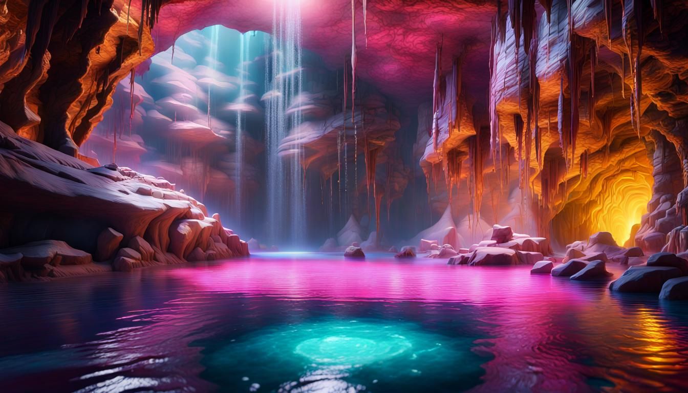 mystical golden cave, water on the floor, waterfall in backg...