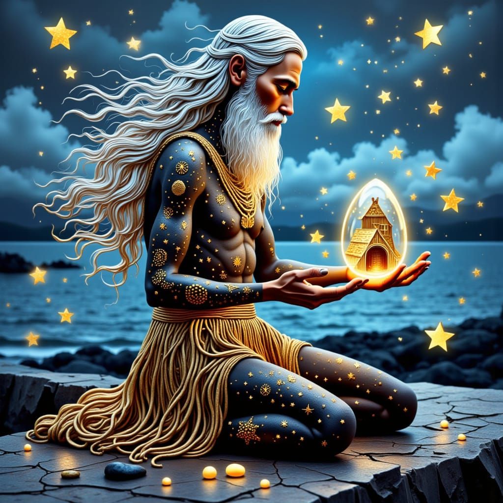 <lora:Art Duced:1.0> Contemporary pointillism. Medium shot. In luminous layered washi paper silhouettes, amidst a mist-wreathed Nordic fjord...