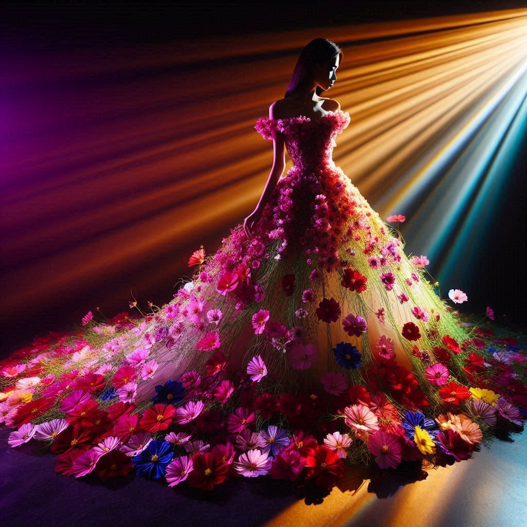 A woman wearing a dress made of cosmos flowers