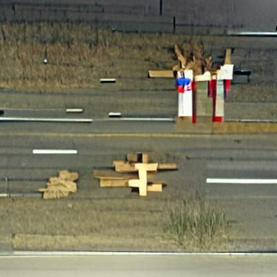 three wooden crosses on the right side of the highway