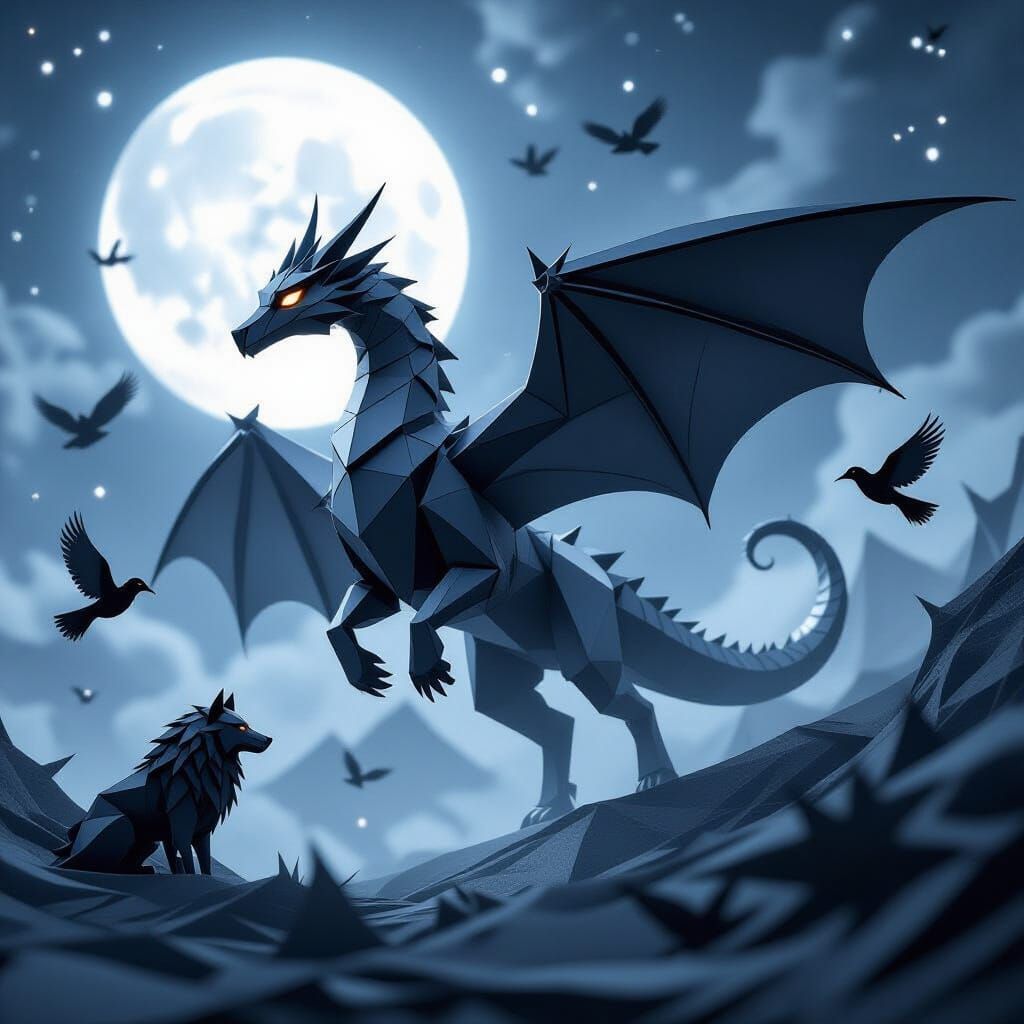 A cosmic origami zoo in a dark fantasy style — folded paper creatures drifting through deep space darkness. Massive origami dragons, ravens,...