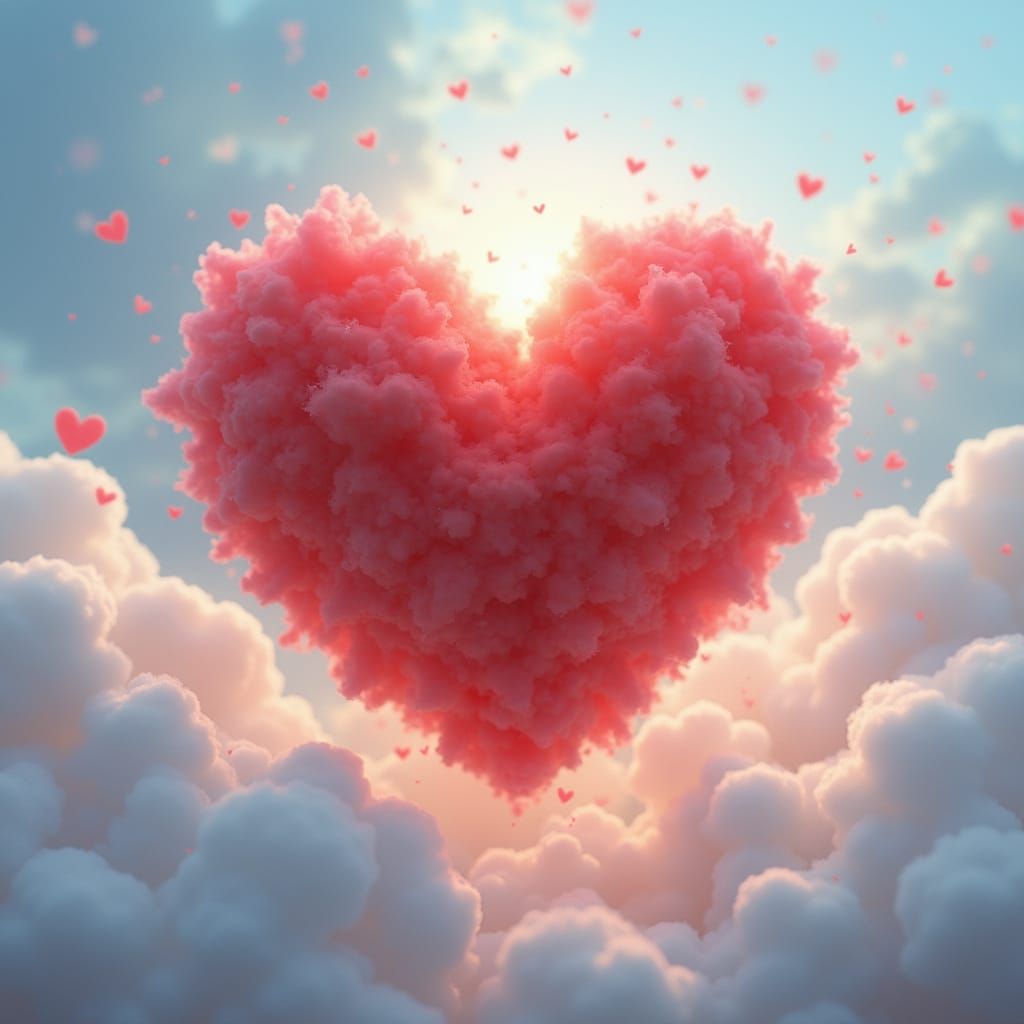 Fluffy Red Heart with Radiant Light and Clouds