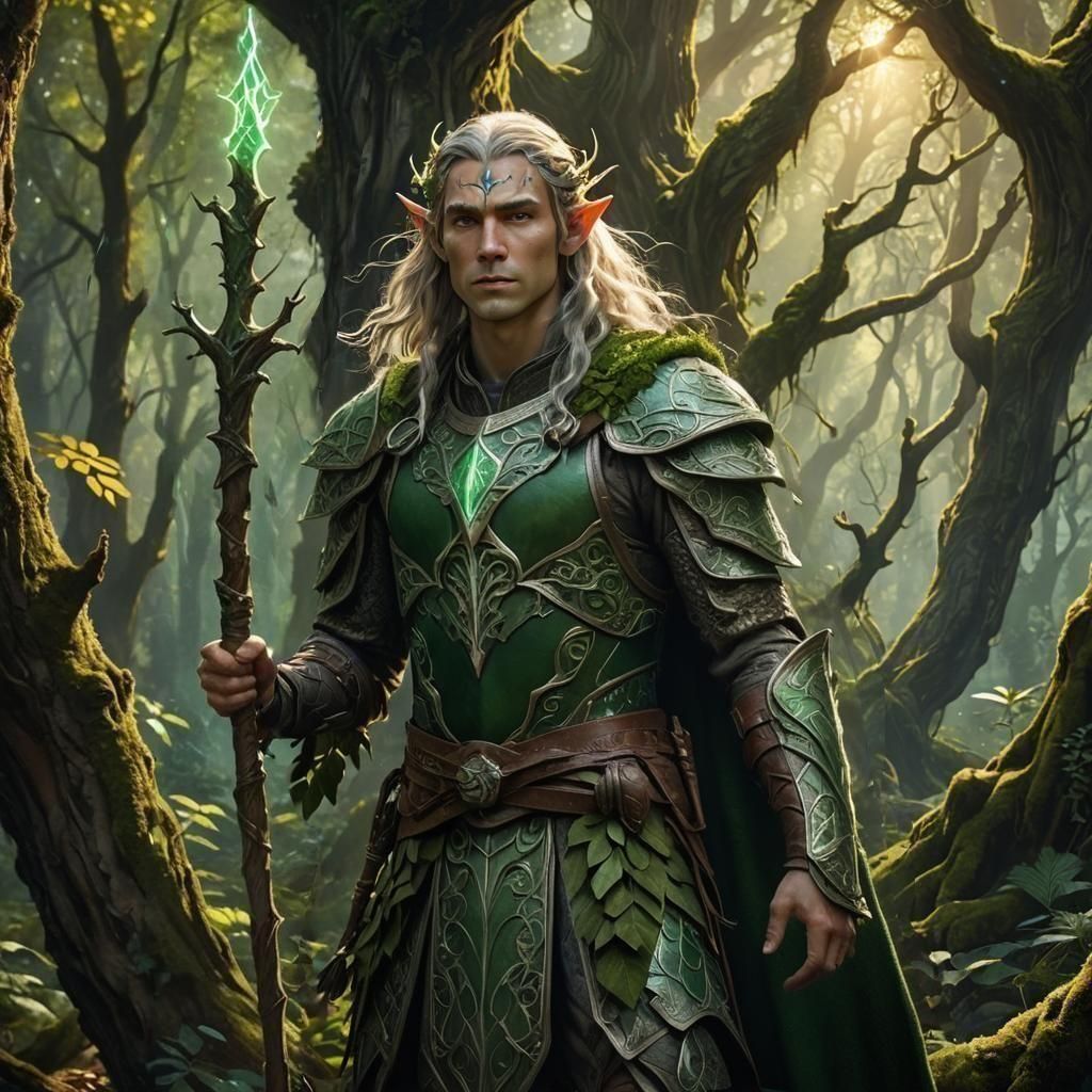 A clean-shaven elven druid with sharp, elegant facial features, standing in an ancient, mystical forest. The elf has long, flowing hair but...