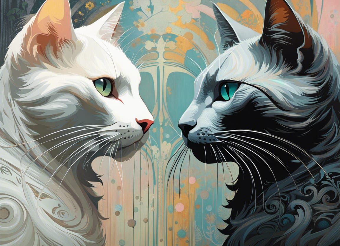 Staredown: Black Cat Versus White Cat Portrait