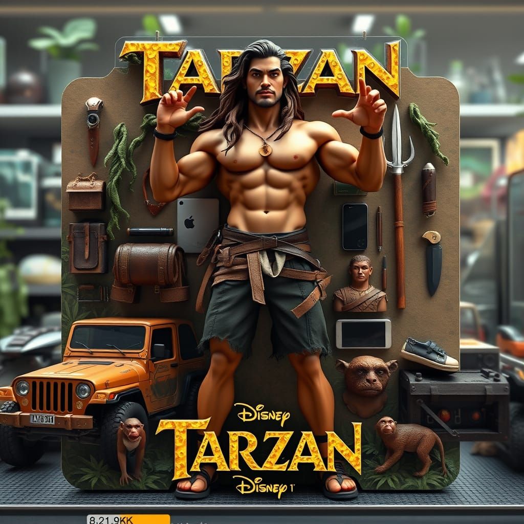 Tarzan Action Pac. Disney has eliminated all but biodegradable blister plastic packaging by using gorilla glue to adhere items to backing.   by @BBlue