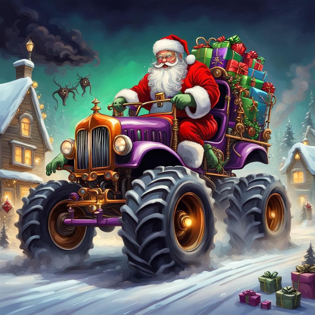Santa Claus driving his colourful Monster truck as in Grave Digger with his gifts in the back Epic .Christmas, ...  by @rallyman