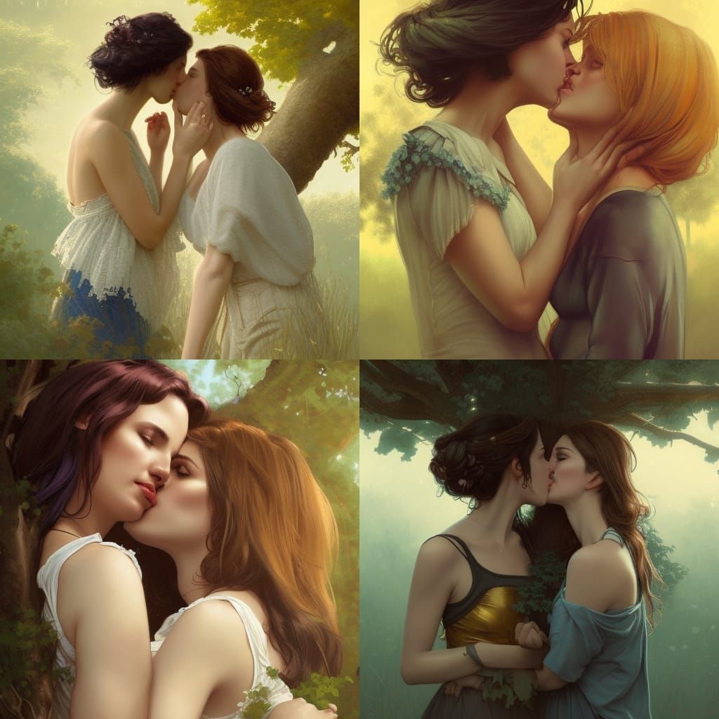 Two women kissing under a tree