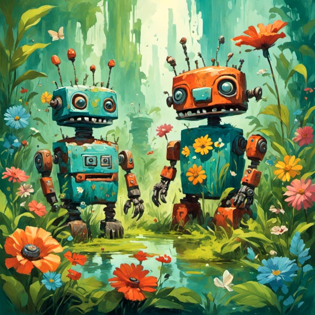 <lora:Sacred Roar:1.0> ugly robots in a flower garden