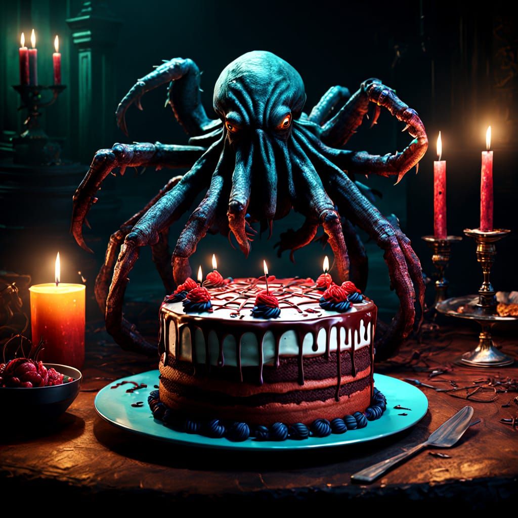 cthulu's birthday cake and a spider in a dark and ominous room 