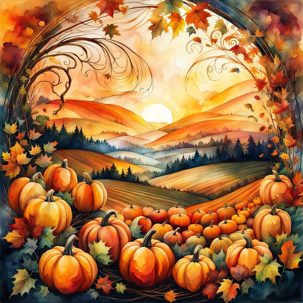 The Pumpkin Fall Harvest, autumnal sunset Spiraling Double exposure ...