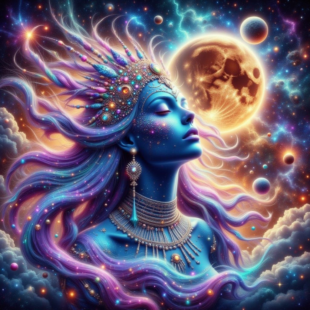 The galaxy is swirling, she open her eyes and gasps in wonder