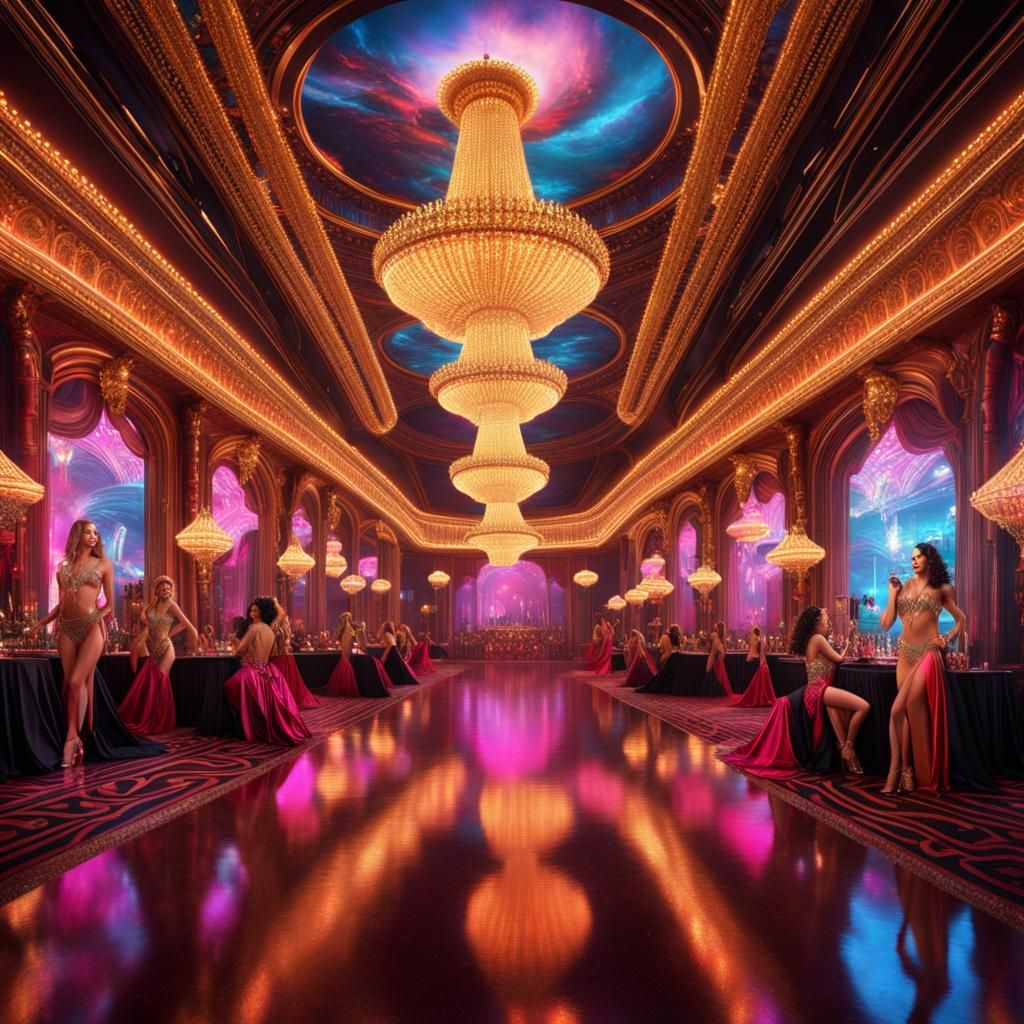 Grand opulent futuristic ballroom full of women dressed like showgirls ...