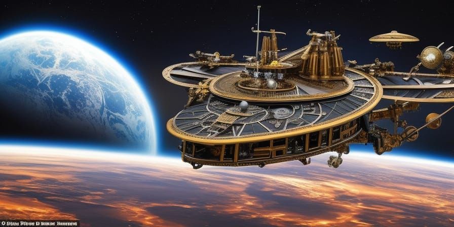 USS Starship Steampunk (NCSP-001) exploring a new unique galaxy with oval planets (scout craft behind) ...  by @Dave Smith