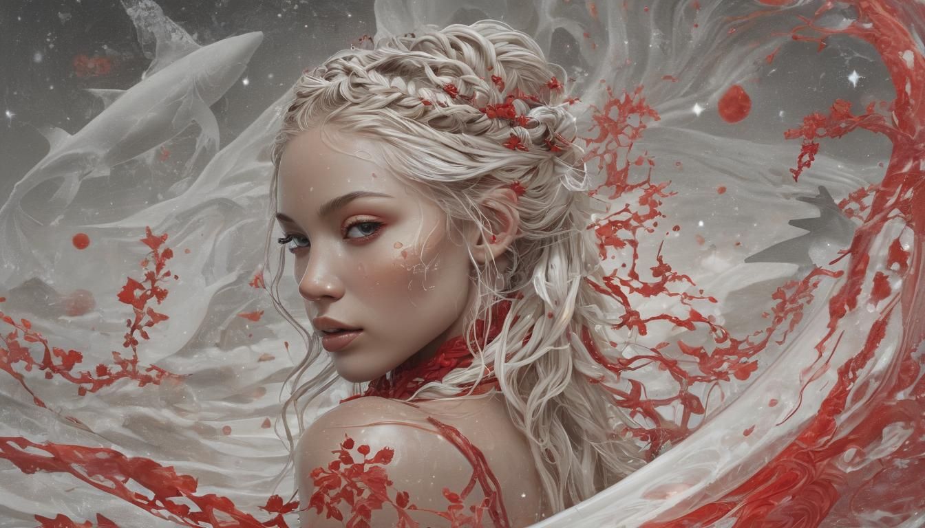 Create a mystical portrait of a woman with long, braided blonde hair and striking features. She has a calm yet enigmatic expression and is a...