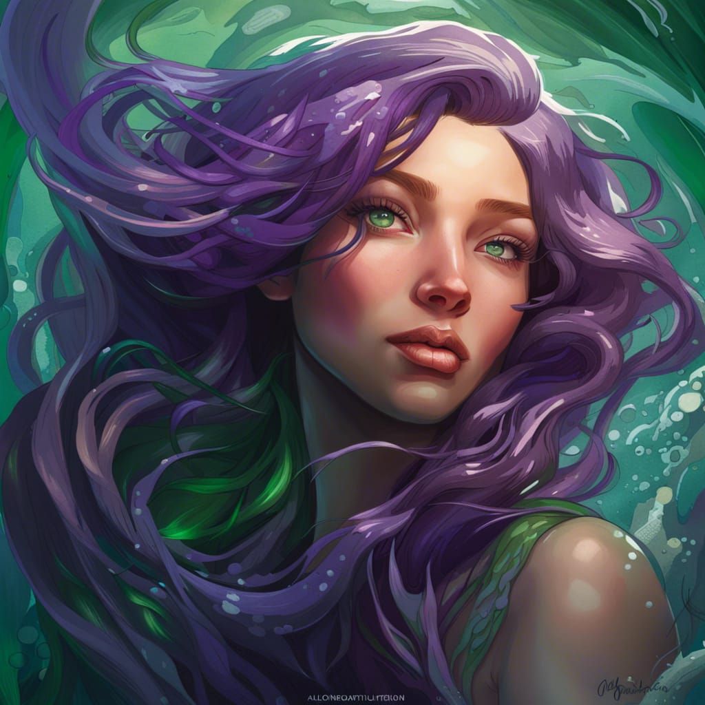 A Beautiful Green-eyed Mermaid With Purple Curvy Hair, Surreal - Ai 