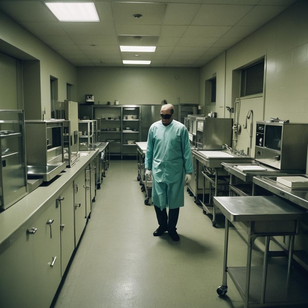 (a hospital morgue late night) an orderly walks passed metal...