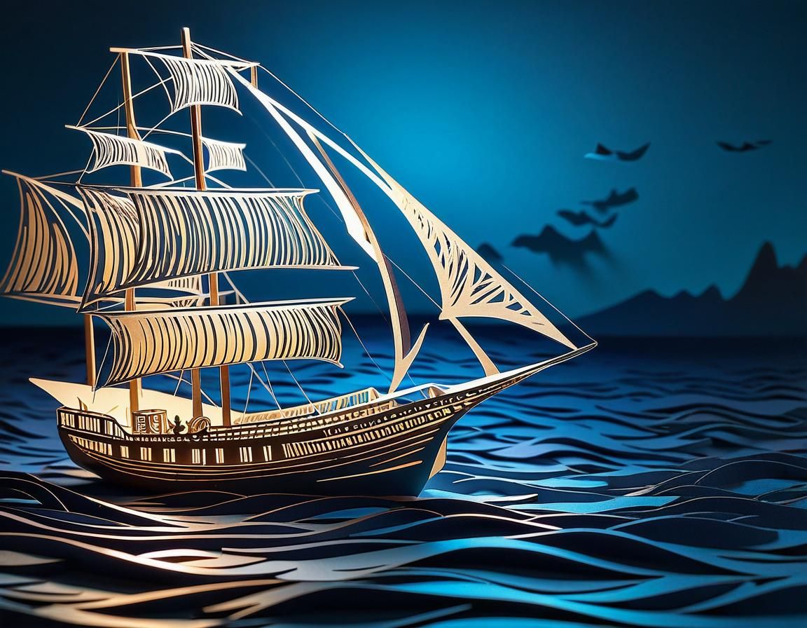 Kirigami paper cut image of a sailing boat on the ocean, int...