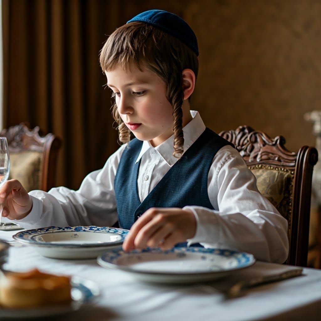 Young Orthodox Boy Sets Elegant Shabbat Table