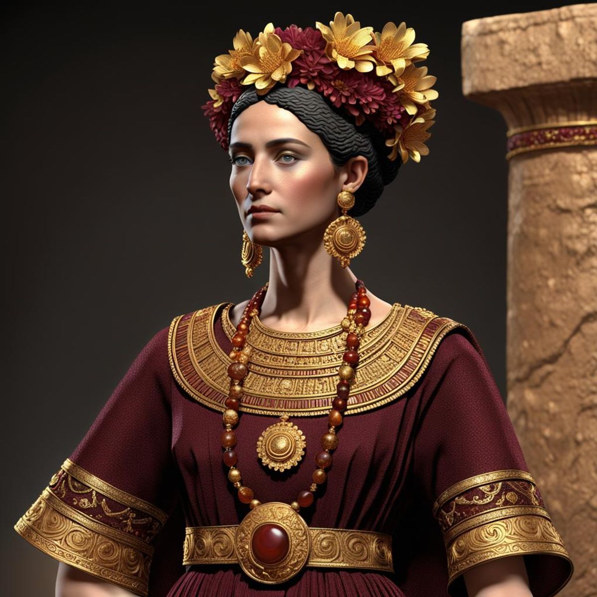 An ancient Phoenician queen wearing a peplum and a tunic. A tunic is of
