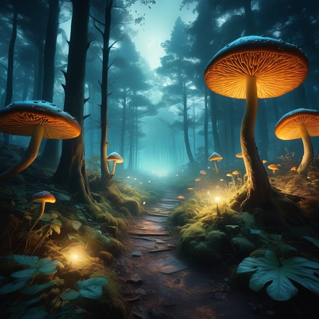 Surrealistic Forest Landscape with Glowing Mushrooms