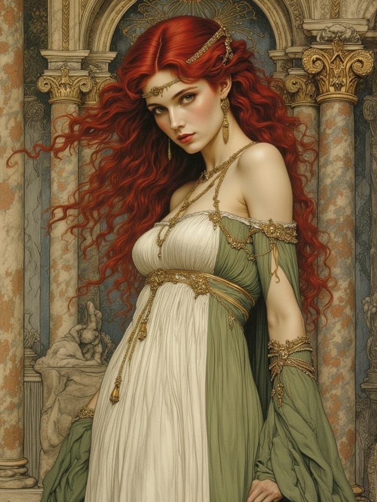 <lora:Concelo:1.0> <lora:racomofilo:1.0> Disdainful red-haired woman in a white and green chiton in an ...  by @Urna Semper
