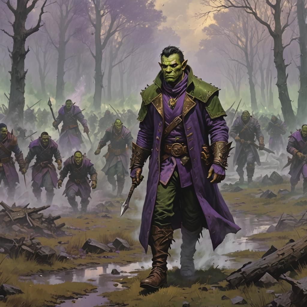 Half orc in purple, gild and green overcoat walking through ...