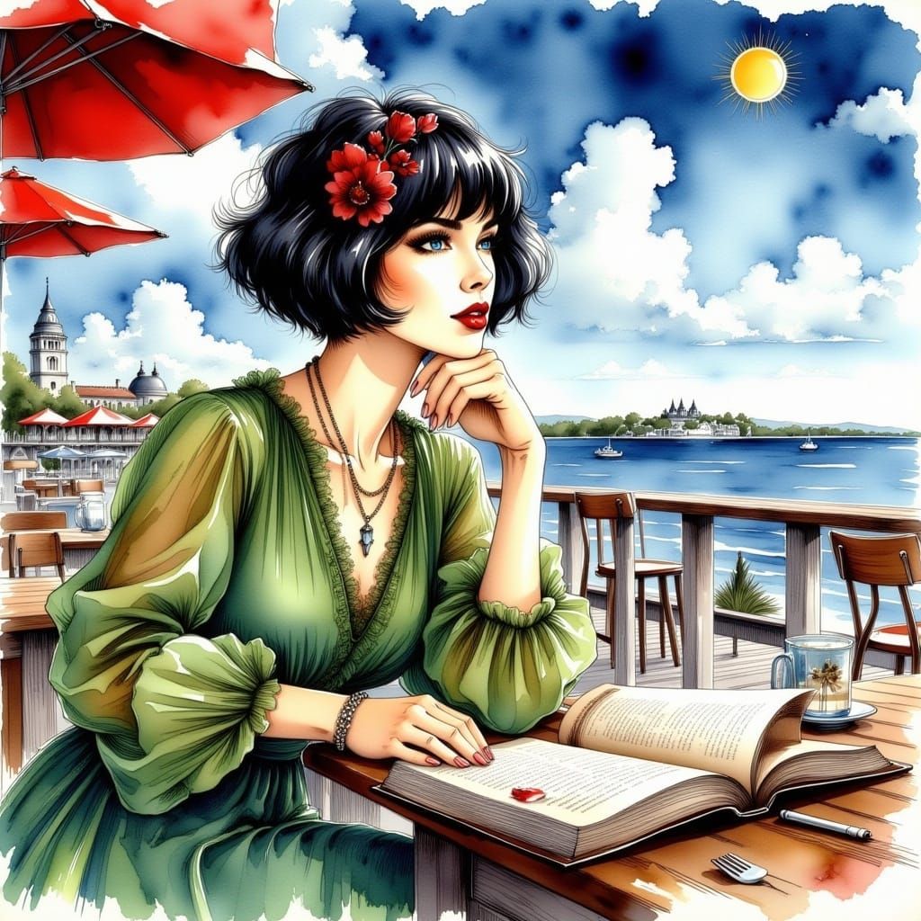 <lora:InkDrrawFlux:1.0> stunning french female 1920s in cafe next to seaside, blue clouds, sun, short black hair, red lips, green clothes, ,...