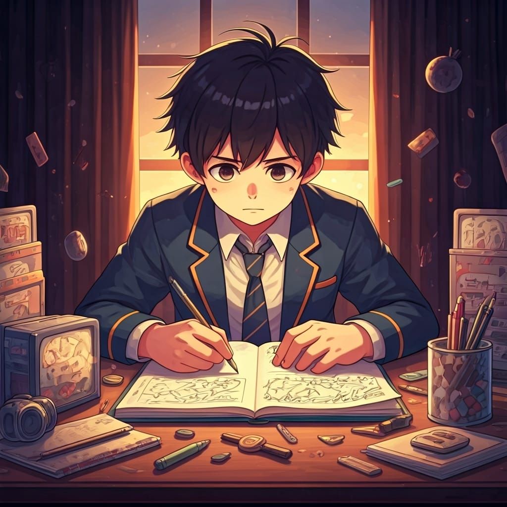 Anime Boy Drawing in Notebook, Studio Trigger Style