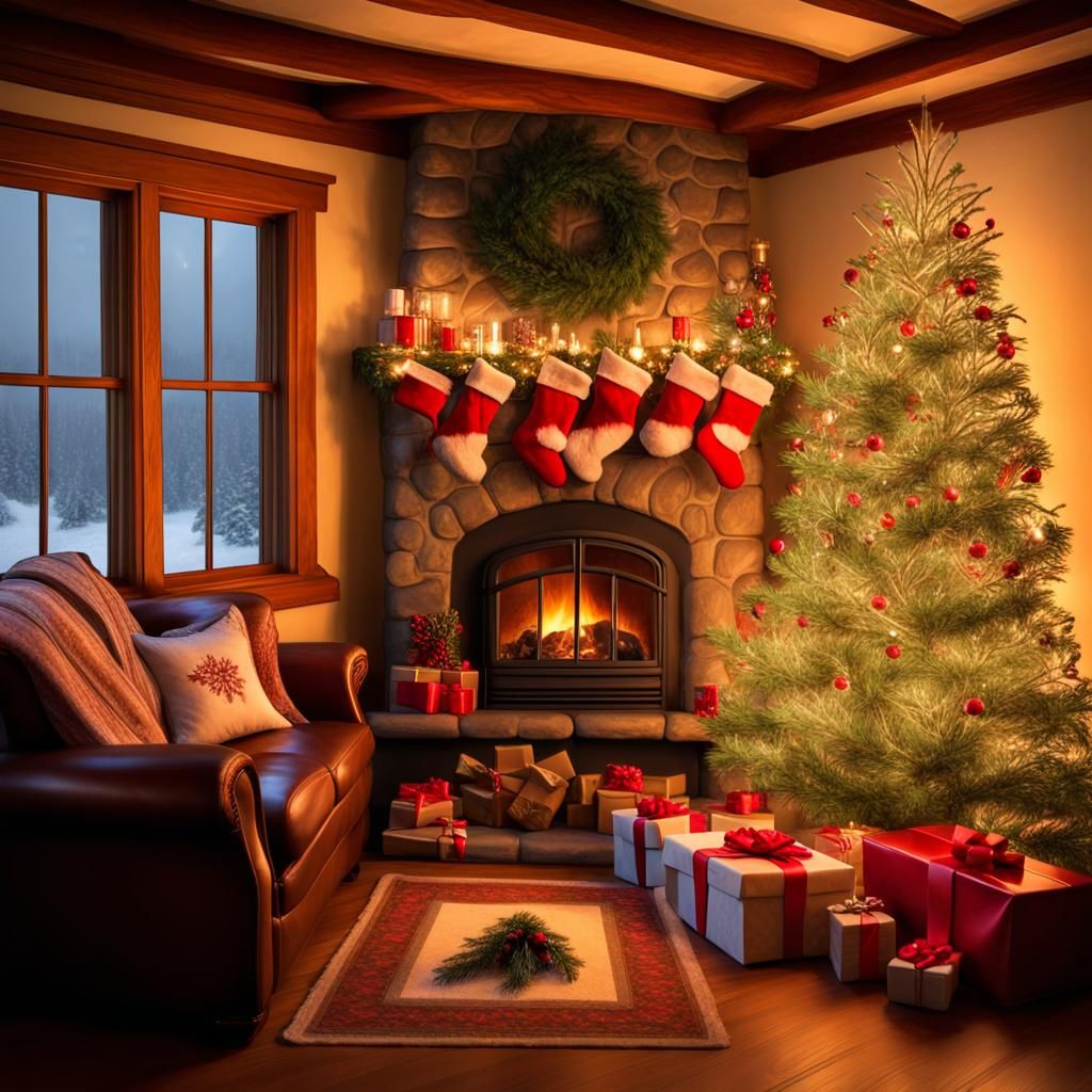 A Christmas yule log in the fireplace, the cozy cottage living room is ...