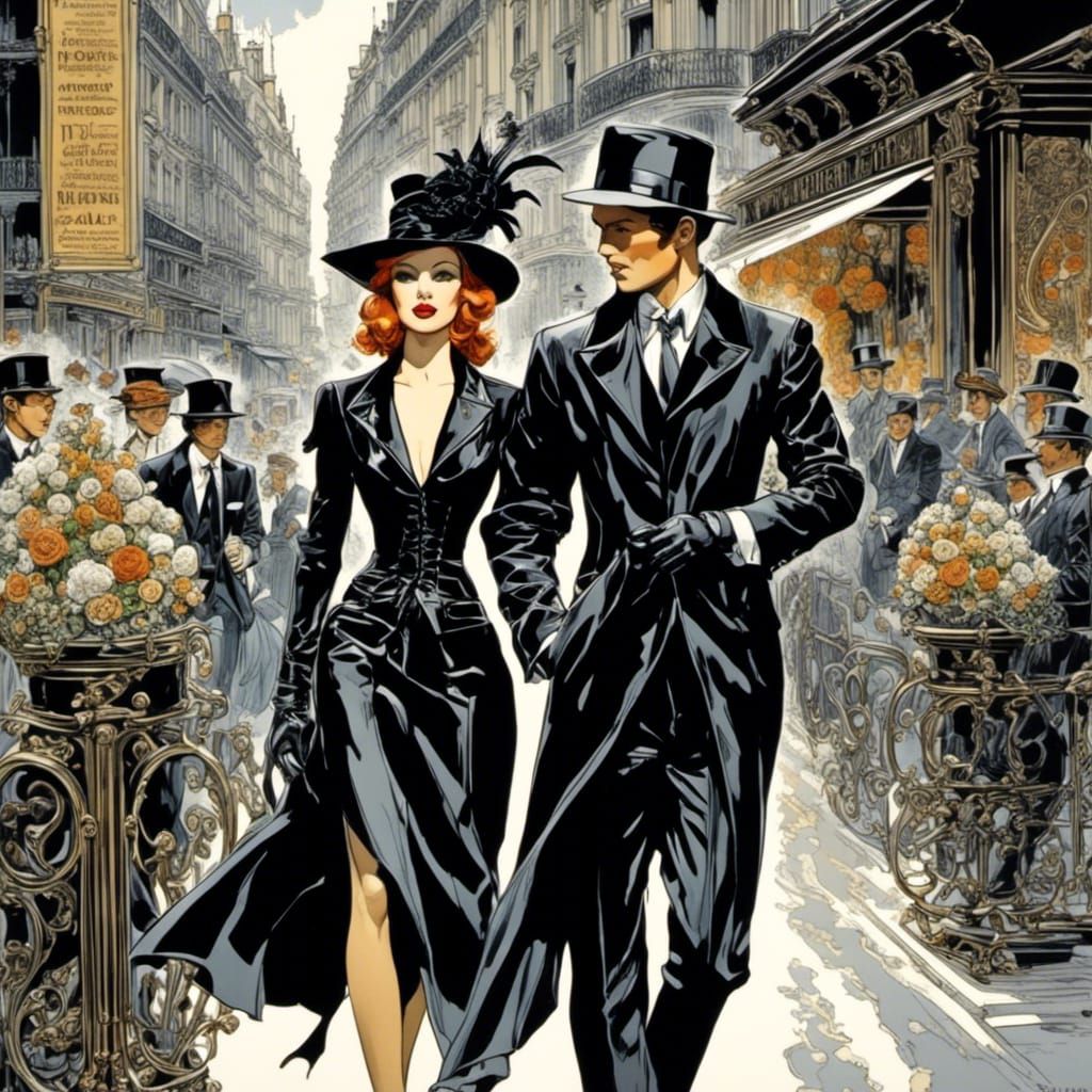 <lora:Extremely Yumi 2:1.0> Magnificent young smiling gothic lovers ,comic strip style, beautiful, elegant, glamorous, dressed in black walk...