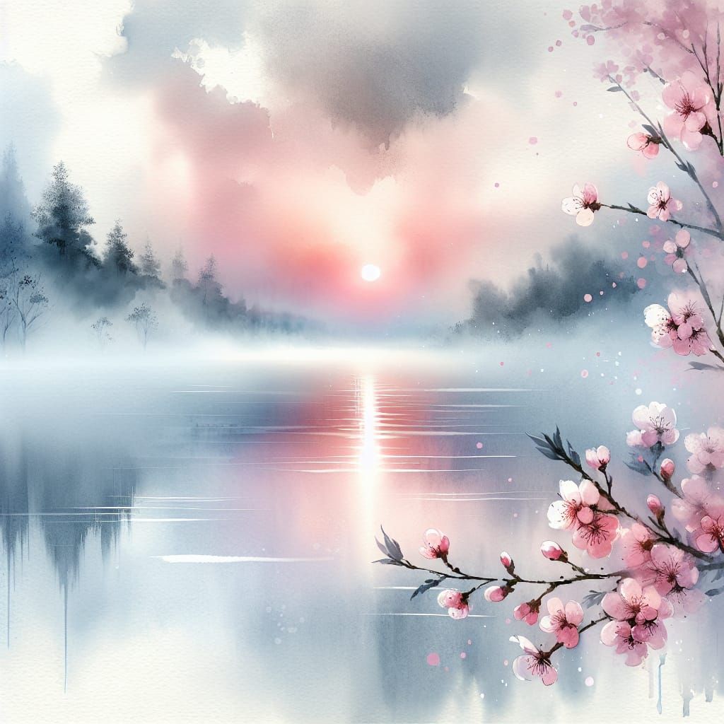 a mist-clad lake in watercolour, in pinks and greys as the sun rises, and in the foreground a spray of ...  by @CardinalBiggles