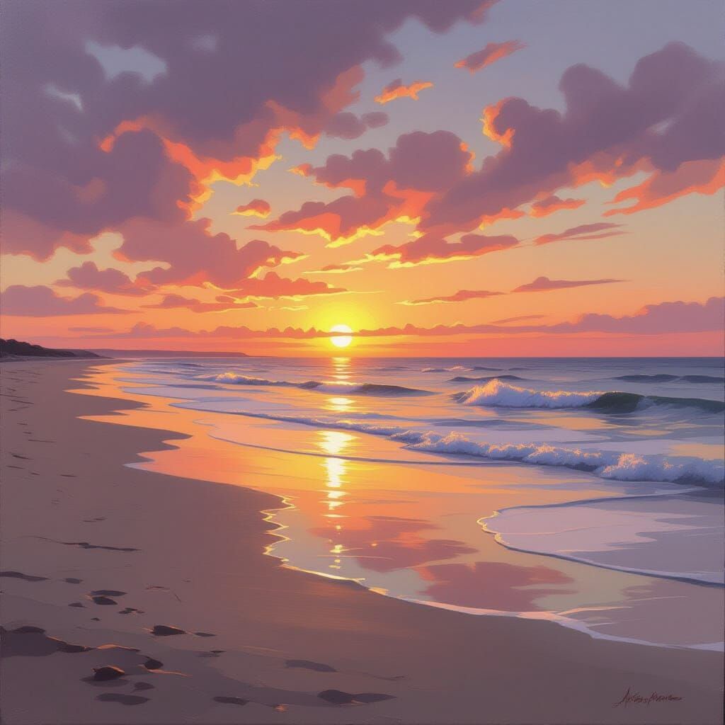 Serene Winter Sunset on Deserted Beach Oil Painting