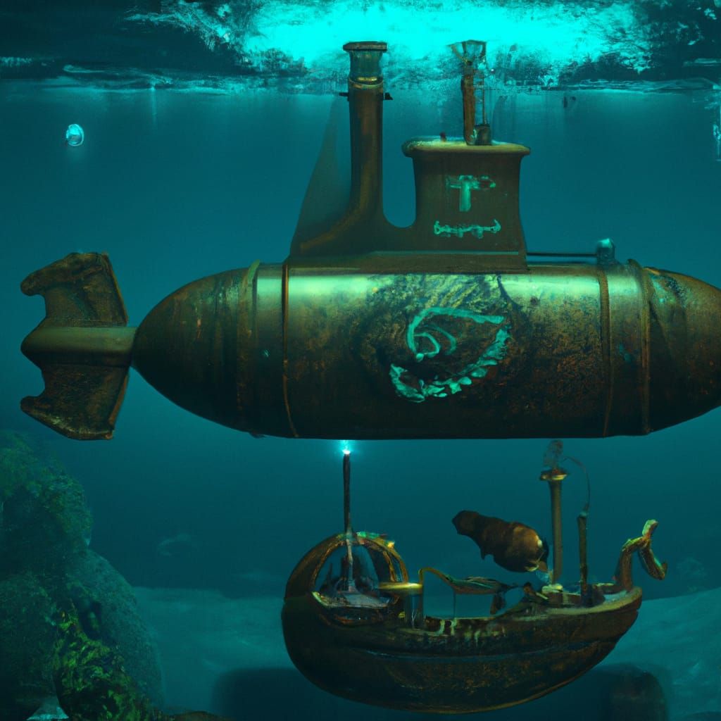 Photorealistic Bronze steampunk submarine engraved with runes sailing ...