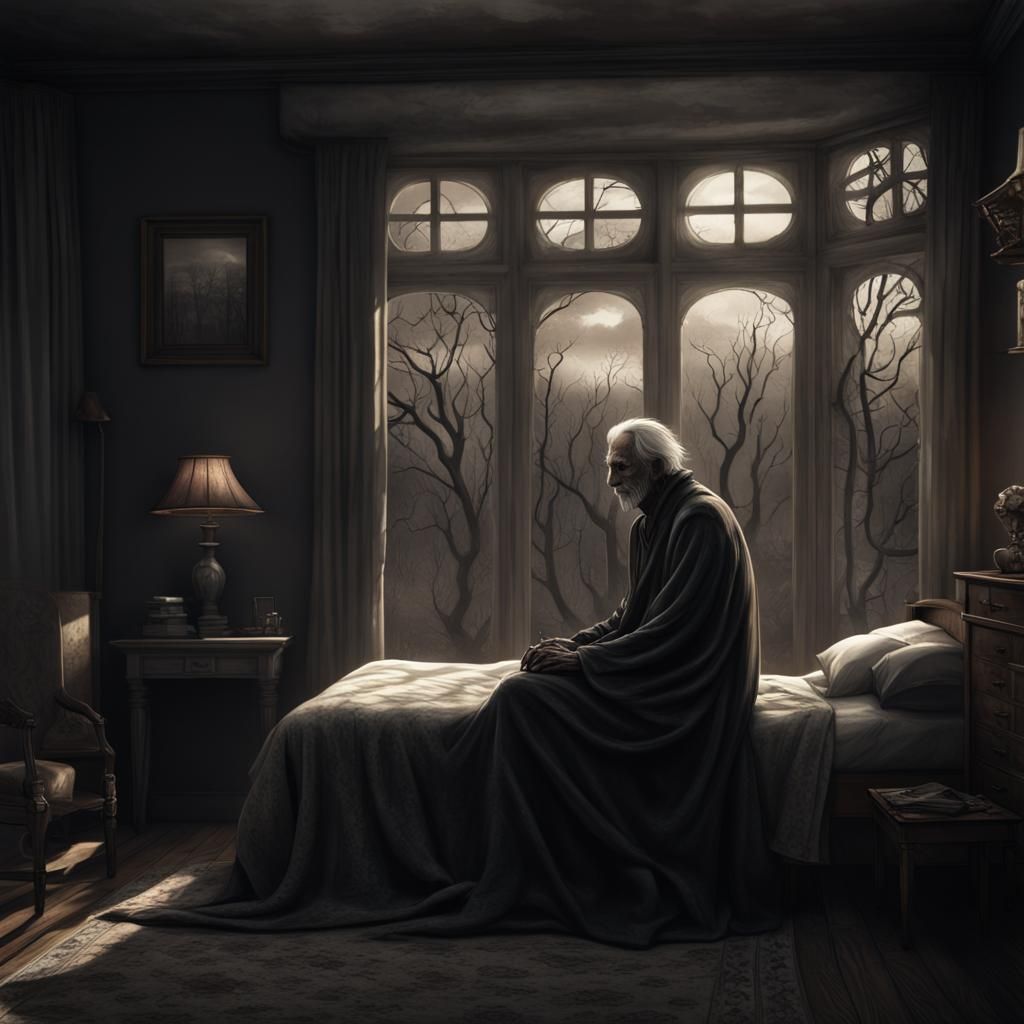 Old man sitting on a bed wearing pajamas, the Grim Reaper standing outside the window, dark shadows, ...  by @72vapeaiart