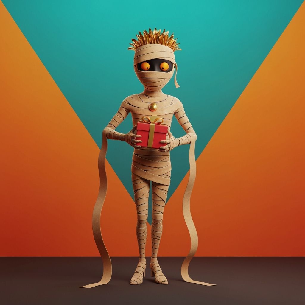 A Vintage Poster from the 1930s celebrating "Mummy's Day" with a Cartoon Mummy holding a gift wrapped ...  by @caprandom