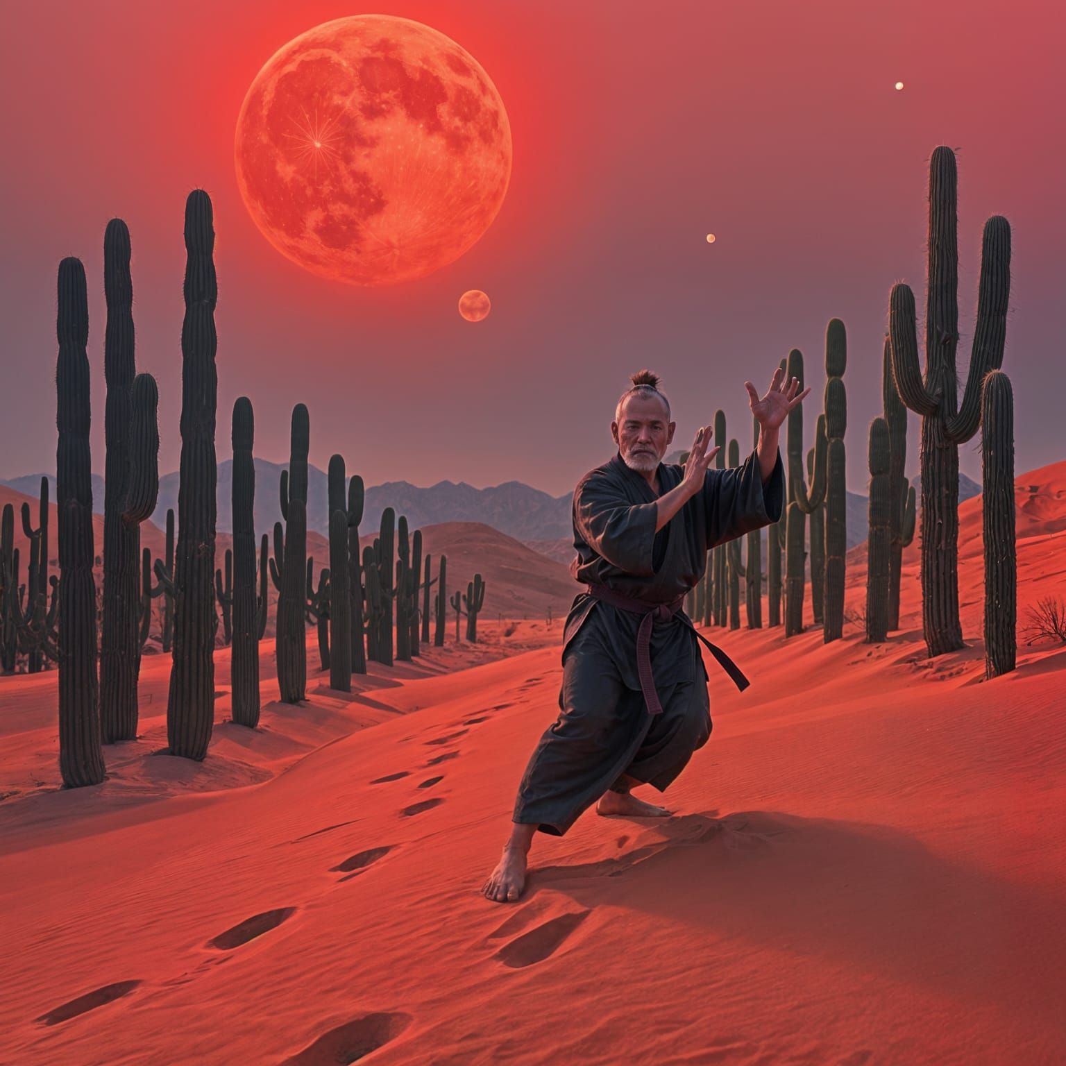 Desert monk practices karate under crimson moon.
Cacti surround him in reverent, stoic rows.
Footprints ...  by @KomBib