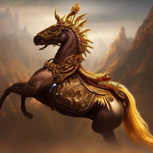 A proud stallion in full elaborate golden armour with jewels   by @Dorian