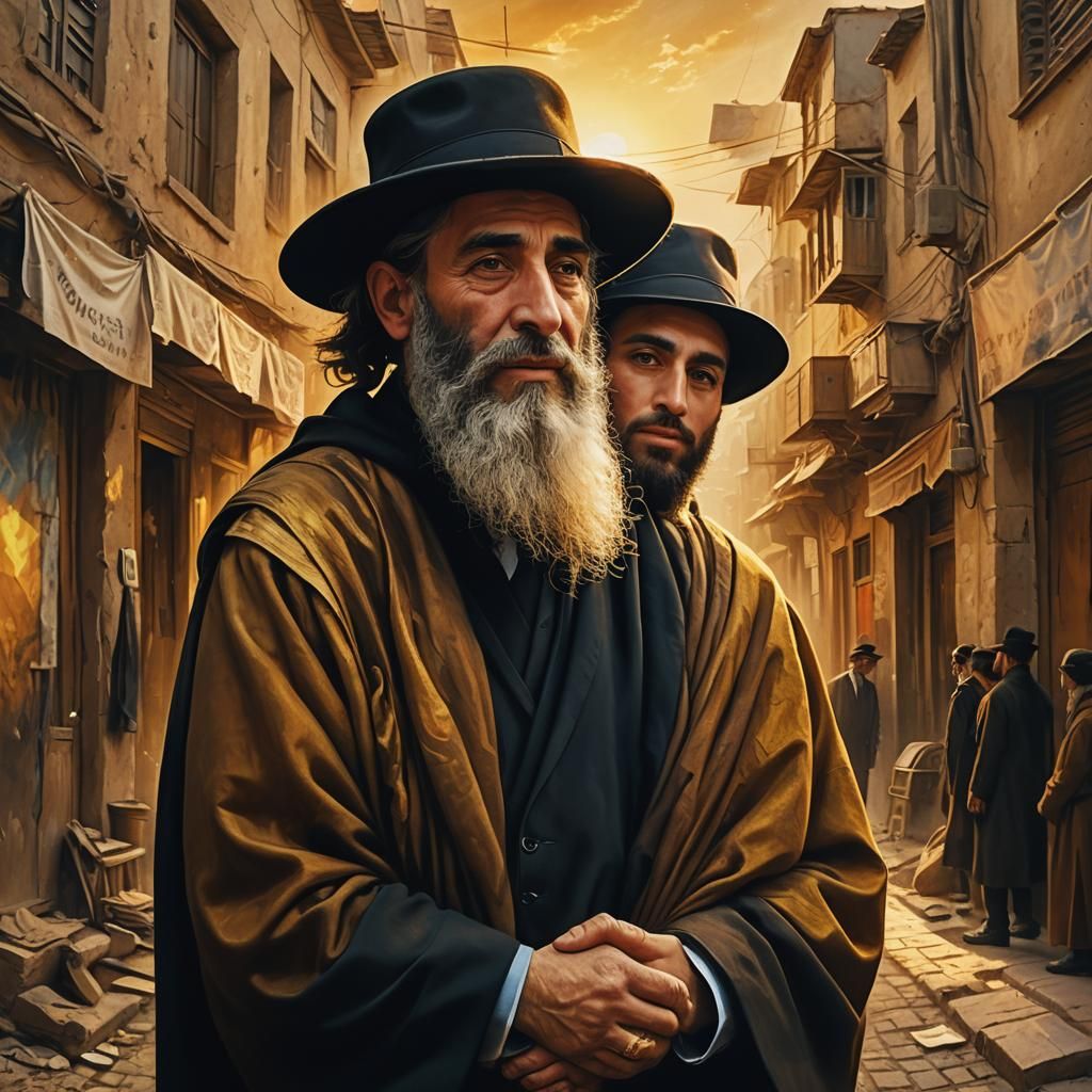 Haredi Jew Embracing Person in Surreal Oil Painting