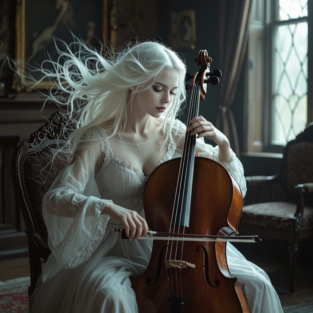 A woman, definitely not a ghost, playing cello