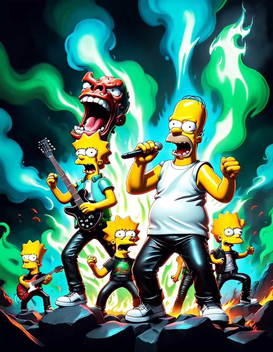 The Simpsons, as a cartoon metal rock band, snarling, scream...