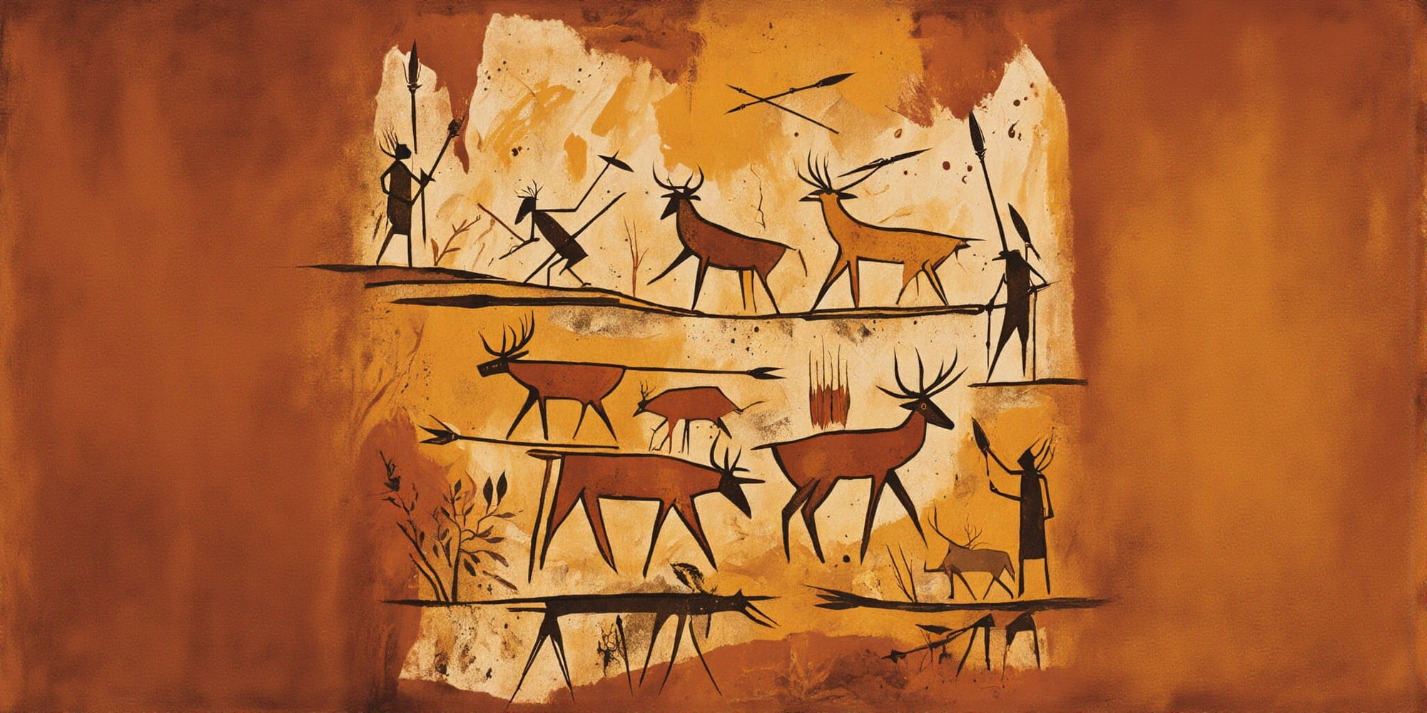 Imagine a prehistoric cave painting WITH SIMPLE LINES representing a group of hunters. Some lines are arms, legs, spears, arrows. The game i...