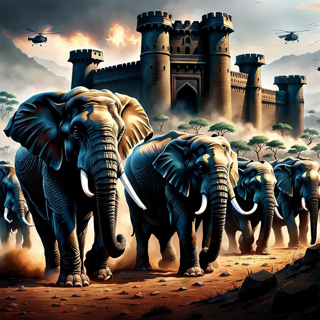 war elephants marching towards a battlefield