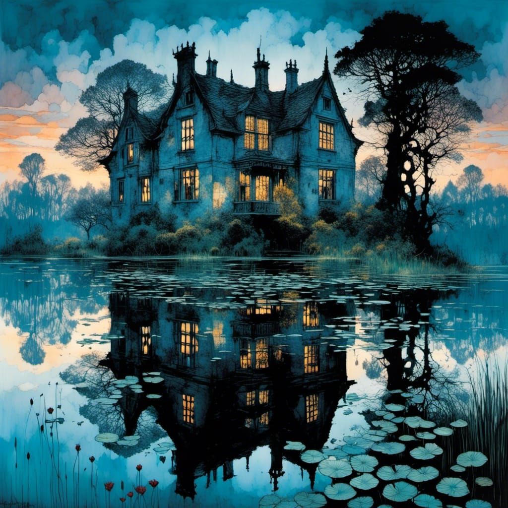 The ruins of the old manor house stand on the edge of a beautiful lake with water lilies and ducks, ancient ...  by @Tina auf der Blumenwiese