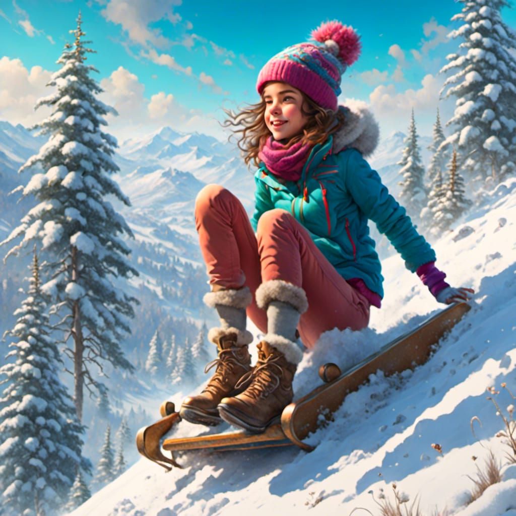 A <lora:Flighty:1.2> girl sits on a sledge sliding down a snowy hillside