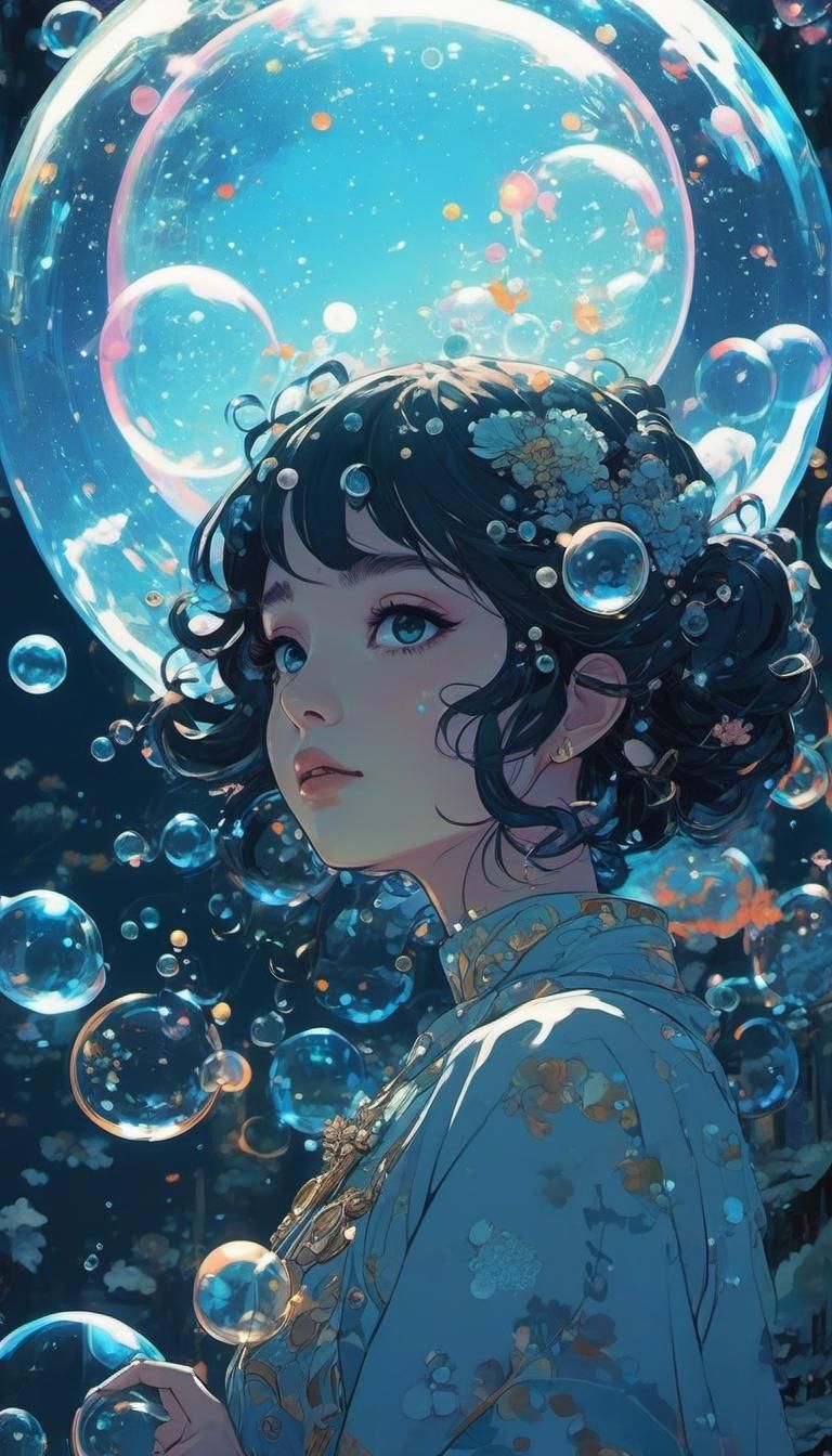 Dreamcore Girl with Bubbles in Anime Style