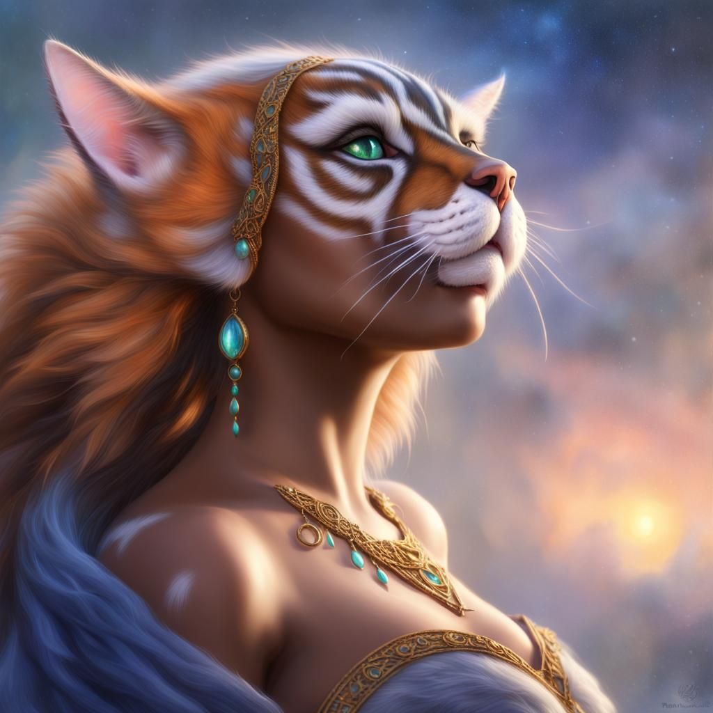 Celestial Khajiit Goddess in Ethereal Fantasy Style
