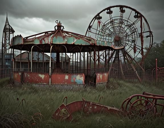 abandoned theme park, old rusted broken rides merry go round...