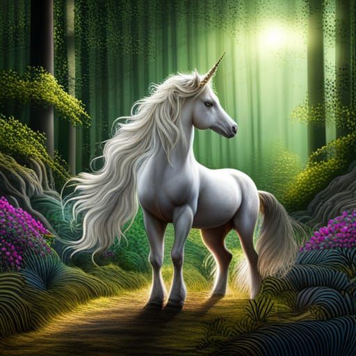 a magical unicorn in a magical forest 3Delight beautiful flickering light intricate elegant fantasy  by @Patsy 