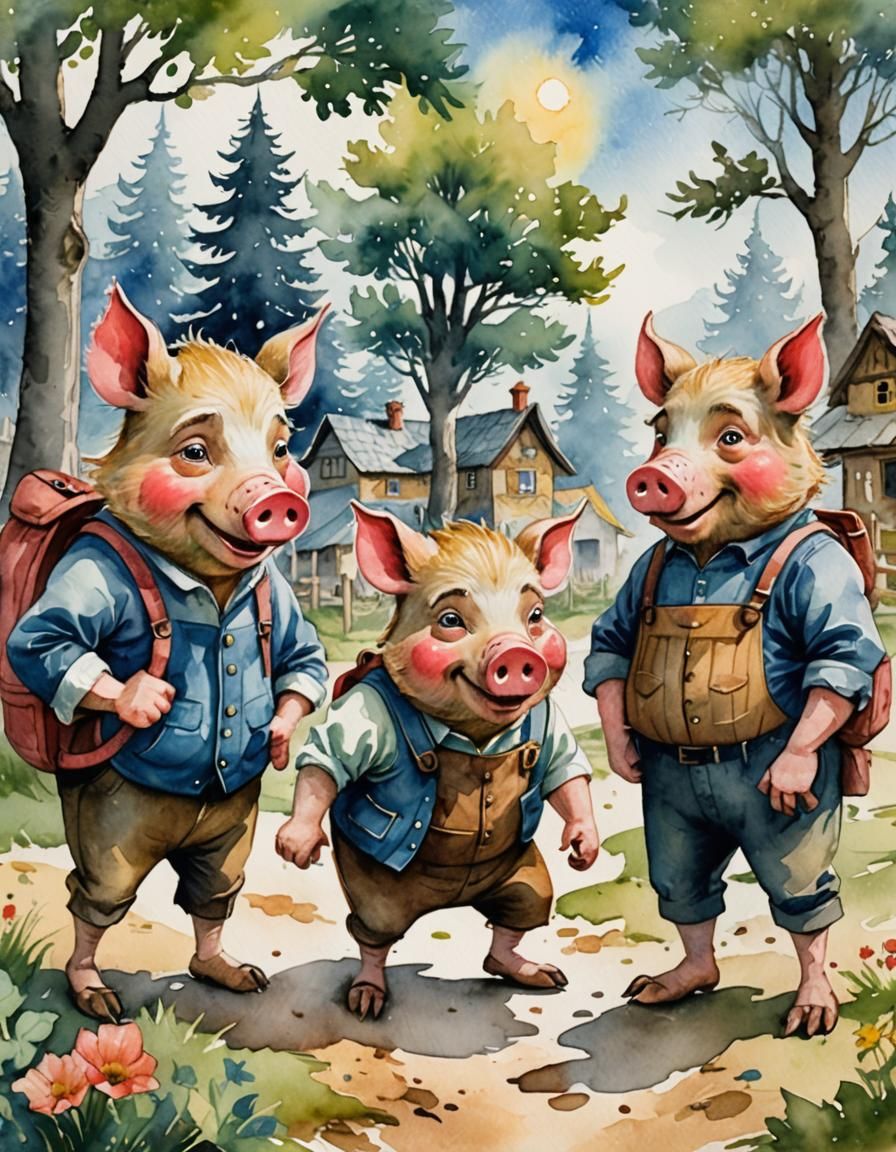 illustration, watercolor, The Three LIttle Pigs and the big bad wolf  by @A Secret McDaniel