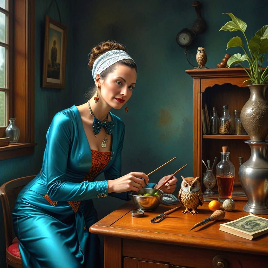 Eccentric Lady in Vibrant Surreal Landscape